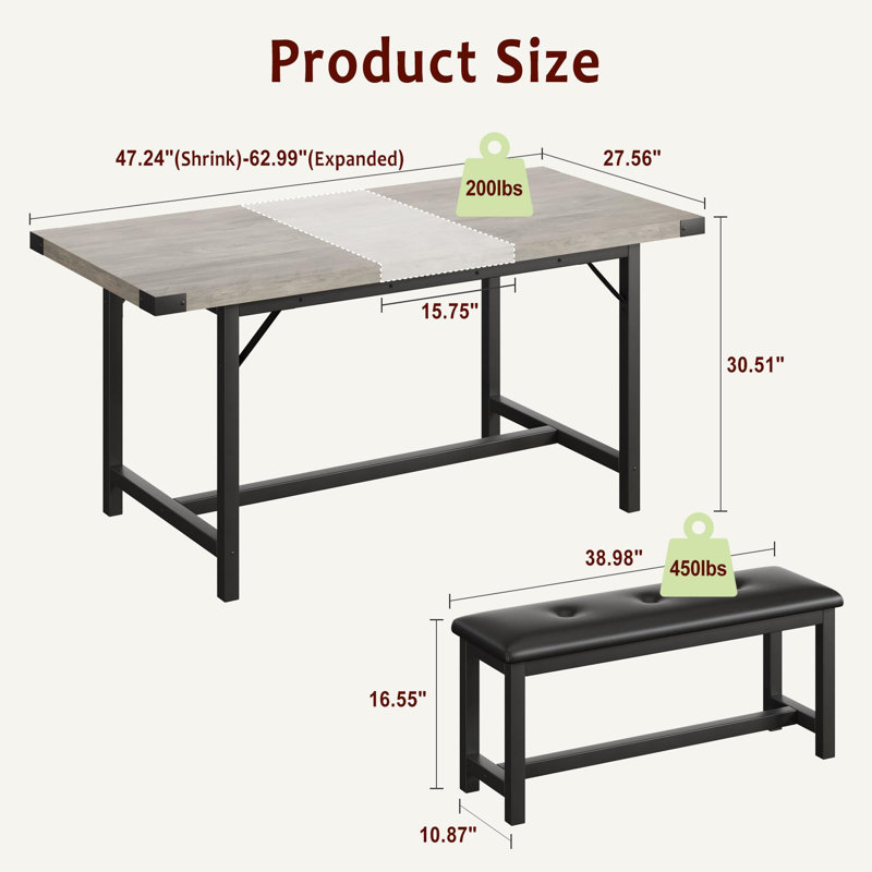 GAOMON Extendable Dining Table Set for 4, Dining Table Set with Two Upholstered Benches for 6, Large Expandable Kitchen Table Set for Apartment, Small Space Rustic Grey