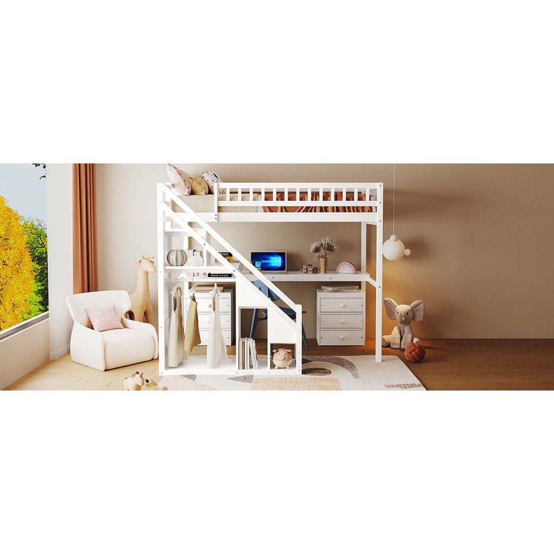 Lit mezzanine simple avec deux commodes, bureau et bande lumineuse, Lit simple, Blanc