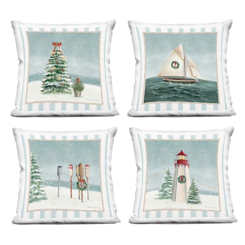 Nautical Christmas Scenes 4 Piece Decorative Printed Throw Pillow Set, design by Danielle Murray