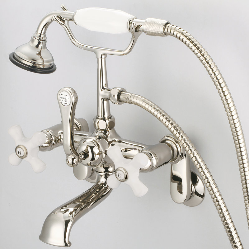 Stonington 3 Handle Clawfoot Tub Faucet, Porcelain Cross Handles, Polished Nickel