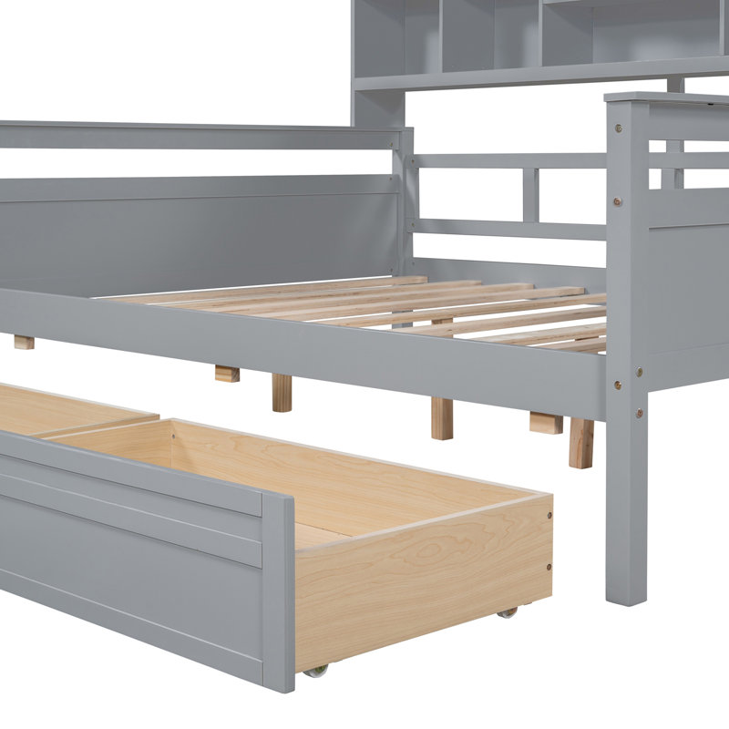 Daybed with Slatted Base, Bedside Shelf and Two Storage Compartments, Sleek Frame, Gray, Full / Double