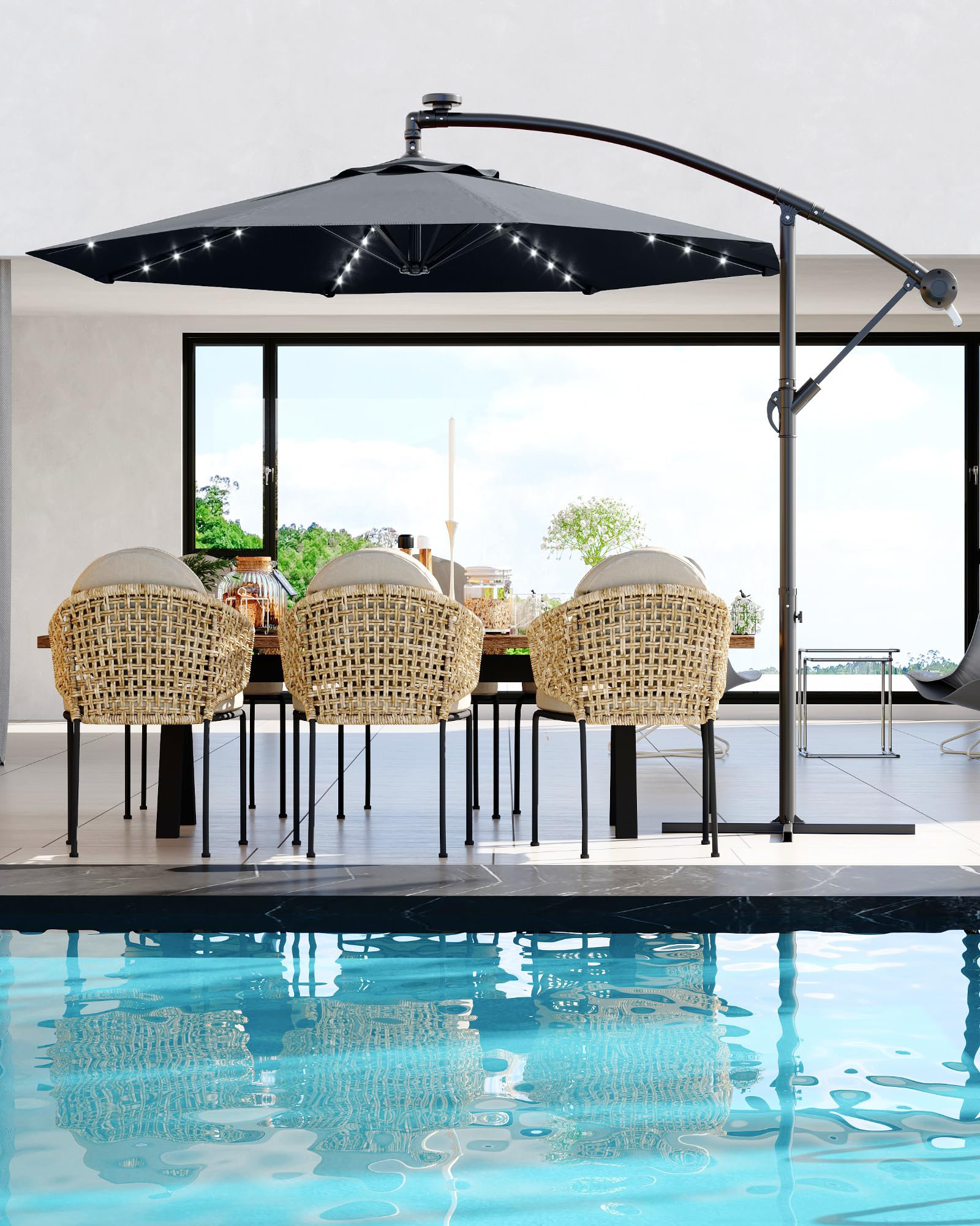 10 hanging umbrella patio sun shade Feet Offset with Base and Infinite Tilt-Beige Transform your patio Slickblue 10 Feet Patio Hanging