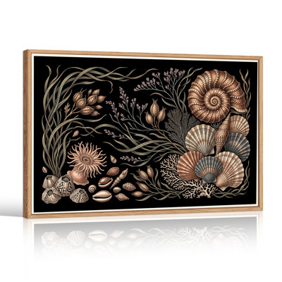 Art mural rétro, coquillages et anémone de mer sur toile noire