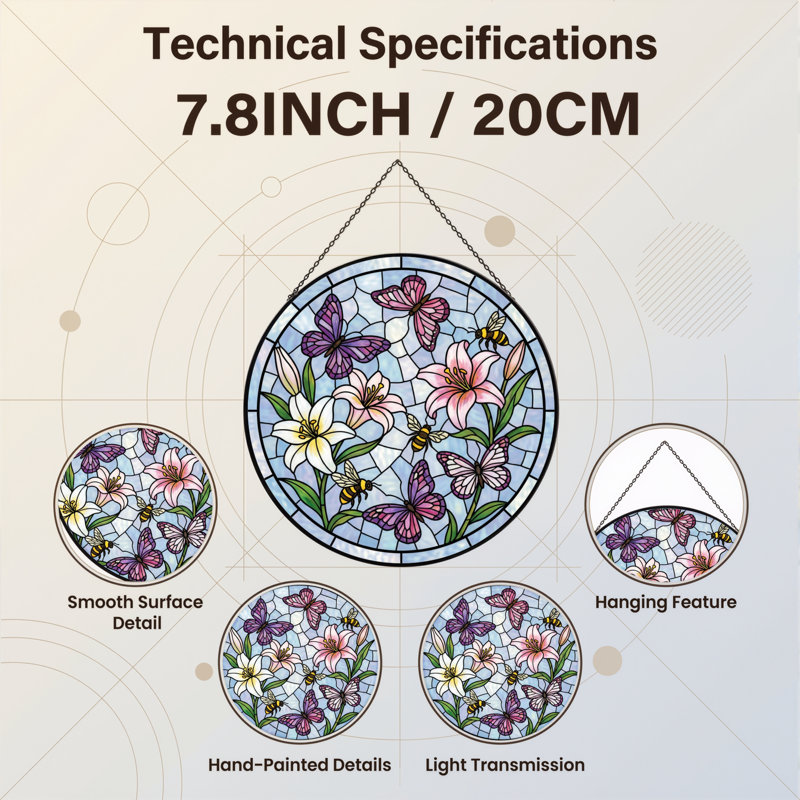 Panneau de vitrail papillon 7,8 "H Lily, H 7,8 po x l 7,8 po