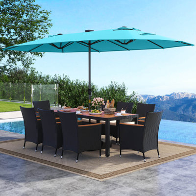 Ensemble de 11 ensembles de salle à manger de patio avec parasol à double face de 15 pieds (base incluse) turquoise