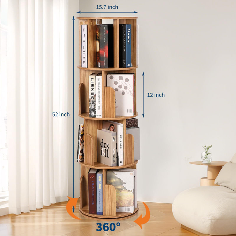 Bibliothèque en bois rotative à 4 niveaux, bibliothèque de rangement sur pied 360 ° multifonctionnelle pour le salon et les adultes