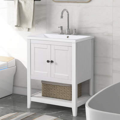 Ensemble de meuble-lavabo simple 24 po Leldon, élégant lavabo en céramique avec cadre en bois massif