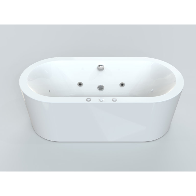 66.5" X 31.9" Oval Whirlpool Water Jetted & Air Bubble Freestanding Soaking Bathtub With Led Light