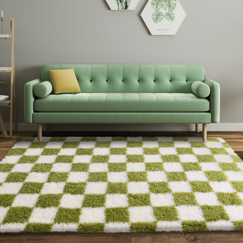Tapis d'intérieur blanc et vert à carreaux polyvalent Idéal pour les vestibules, les chambres d'enfants, les chambres et les salons