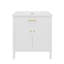 Meuble-lavabo blanc 31 po avec lavabo, fonctionnalité de fermeture en douceur, tablette réglable, conception incurvée, pieds en bois d'hévéa, poignées dorées mates, portes d'armoire compactes, tablettes intérieures,-1204839058