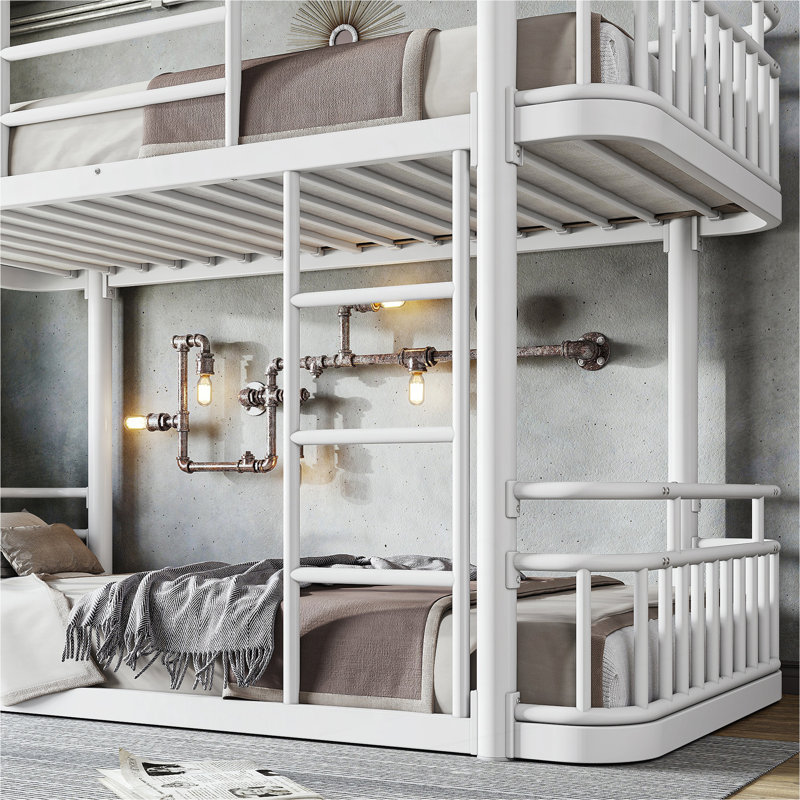 Lit superposé simple TG au-dessus de simple TG avec échelles et garde-corps, structure en métal ronde améliorée, élégante et polyvalente pour toute pièce, blanc