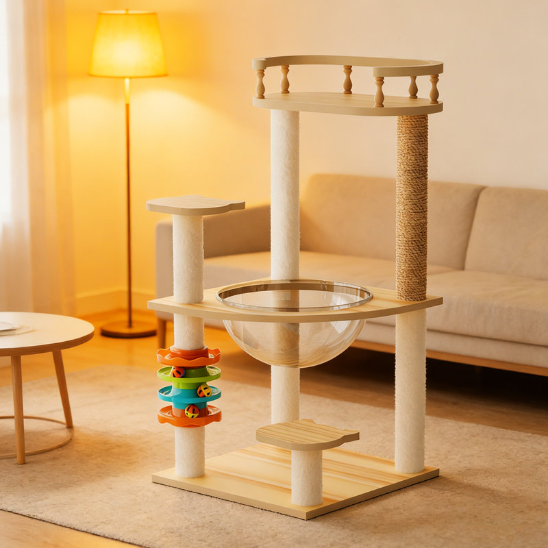 Tour pour arbre à chat 32,2 po pour l'intérieur, mettant en vedette des poteaux à gratter couverts, un perchoir supérieur, de l'acrylique et des rassemblements amusants remplis d'amusement équipés de jouets aimants