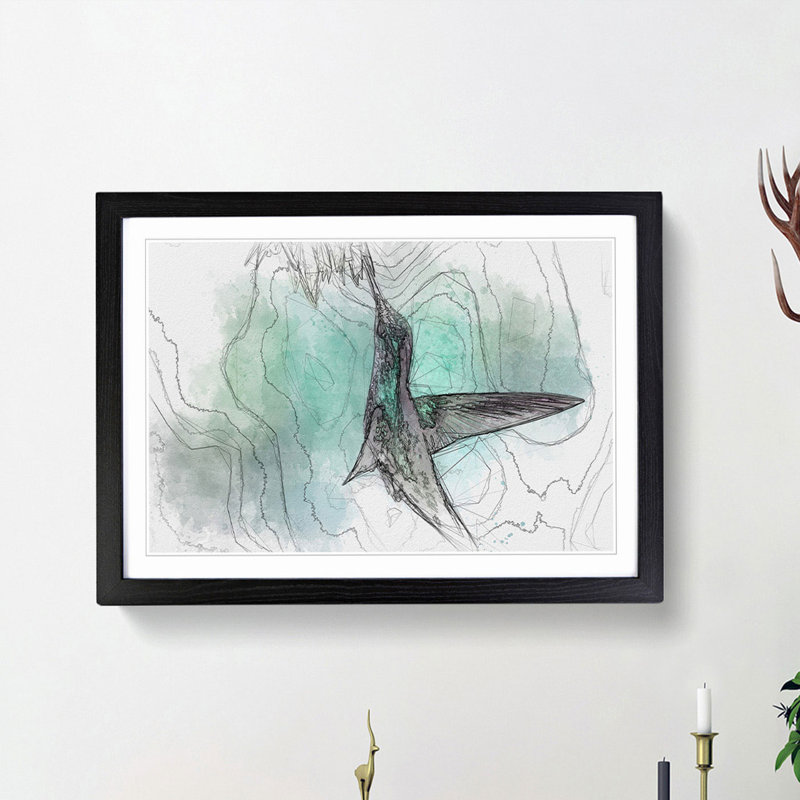 Green Hummingbird in Abstract - Picture Frame Graphic Art Print, Black Framed, 62cm H x 87cm W x 2cm D