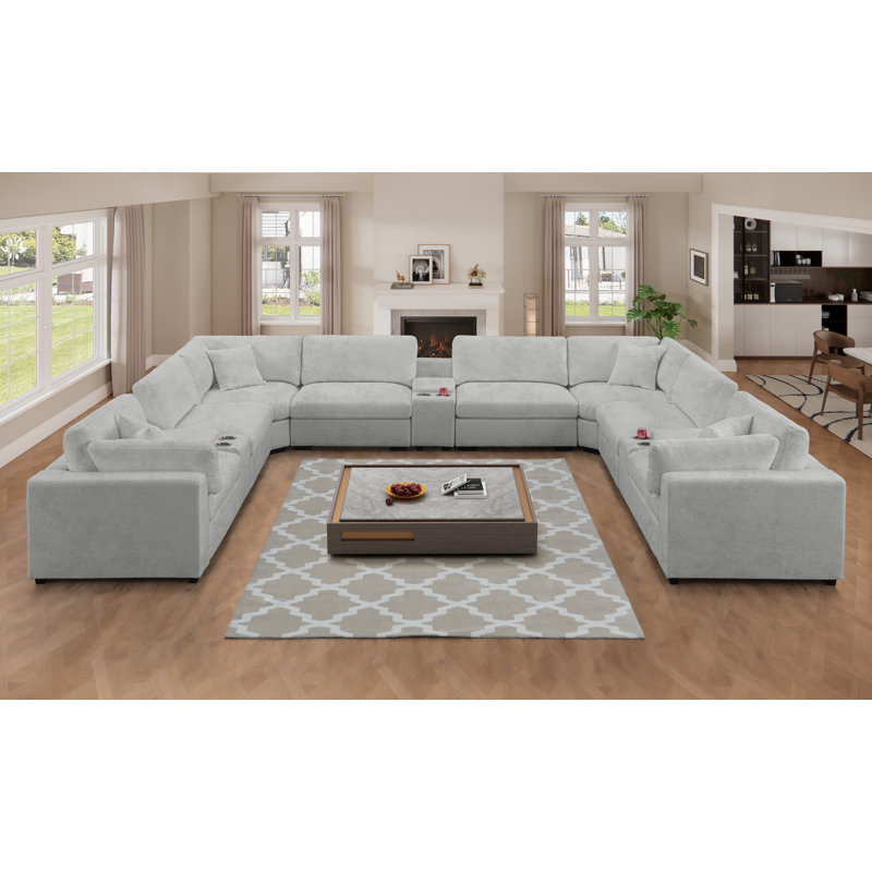 Upholstered Oversized 8 Seater Modular U-sectional With 3 Multifunctional Console, Storage&usb Ports And Cup Holders