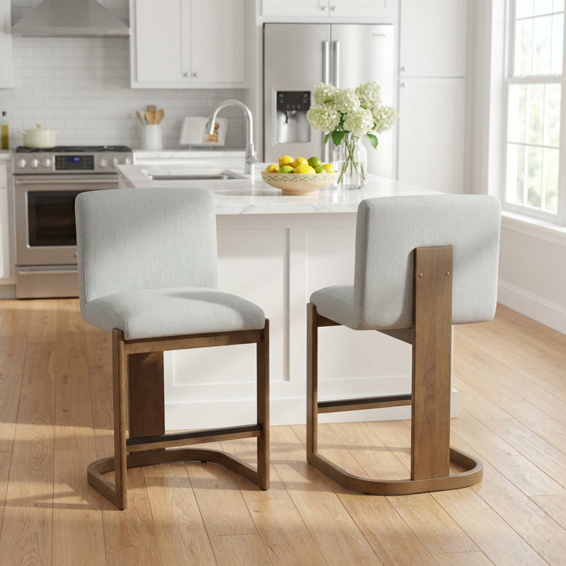 Set of 2 Counter Height Bar Stools with Solid Wood Frame and Upholstered Seating