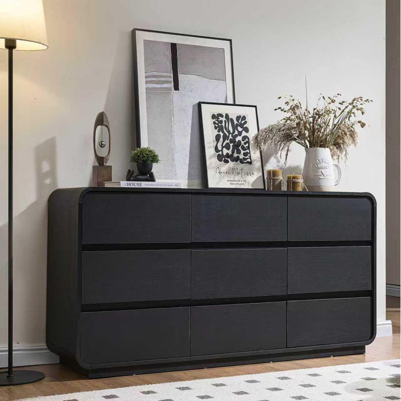 9-Drawer Farmhouse Dresser, Rustic Wood Chest of Drawers with Natural Texture, Black