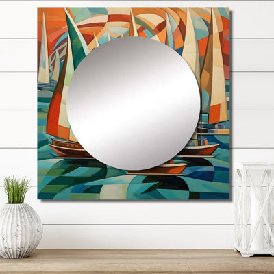 Abstract Sailboats At Sunset Cubist Minimalism II - Boat Square Mirror For Wall Art Decor