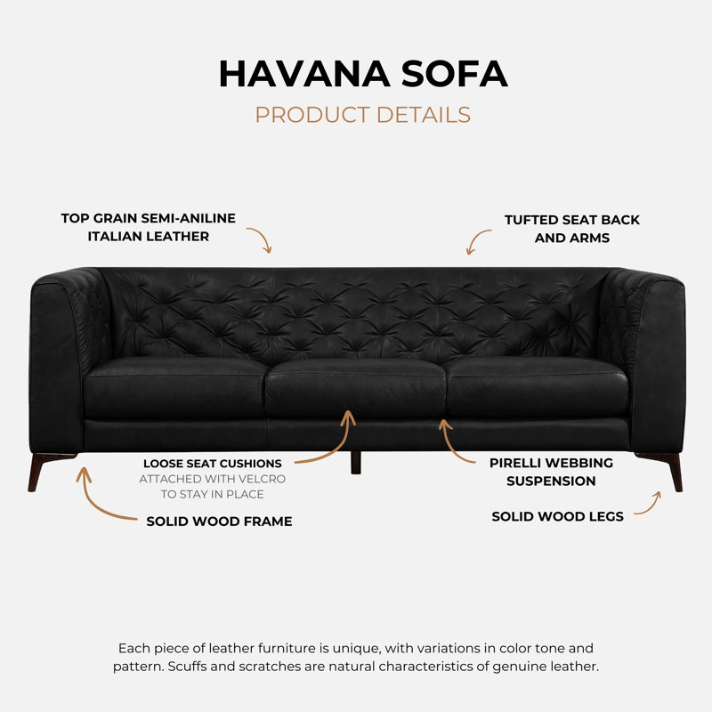 Moishe Havana 90" Mid Century Modern Tufted Genuine Leather Sofa, Black Genuine Leather