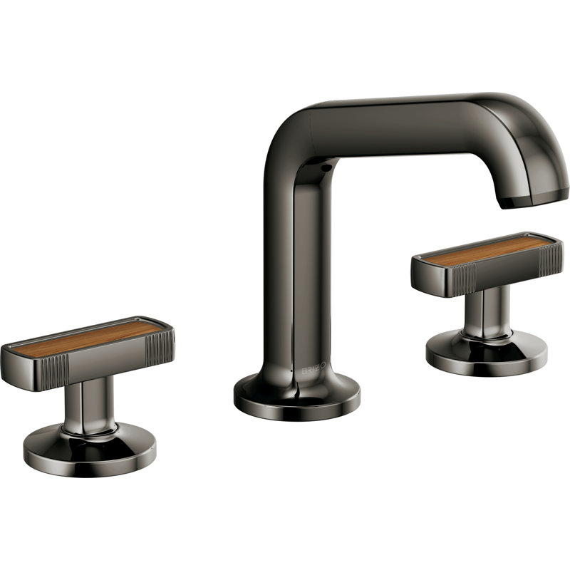 Kintsu® Widespread Lavatory Faucet with Angled Spout, Brilliance Black Onyx, Knob Handle with Wood Inlay, 1.5 GPM