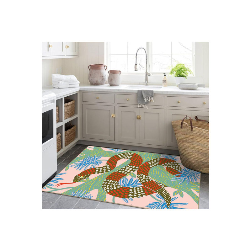 Multicolor Tree Snake Patterned Woven Base Modern Decorative Rug, Runner 3'3" x 6'7" Rug Pad Included