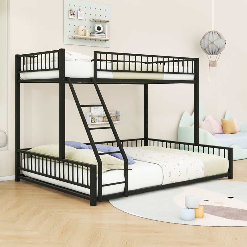 Bunk Bed Frame With Ladder And Guardrails, Twin Extra Long Over Queen, Black