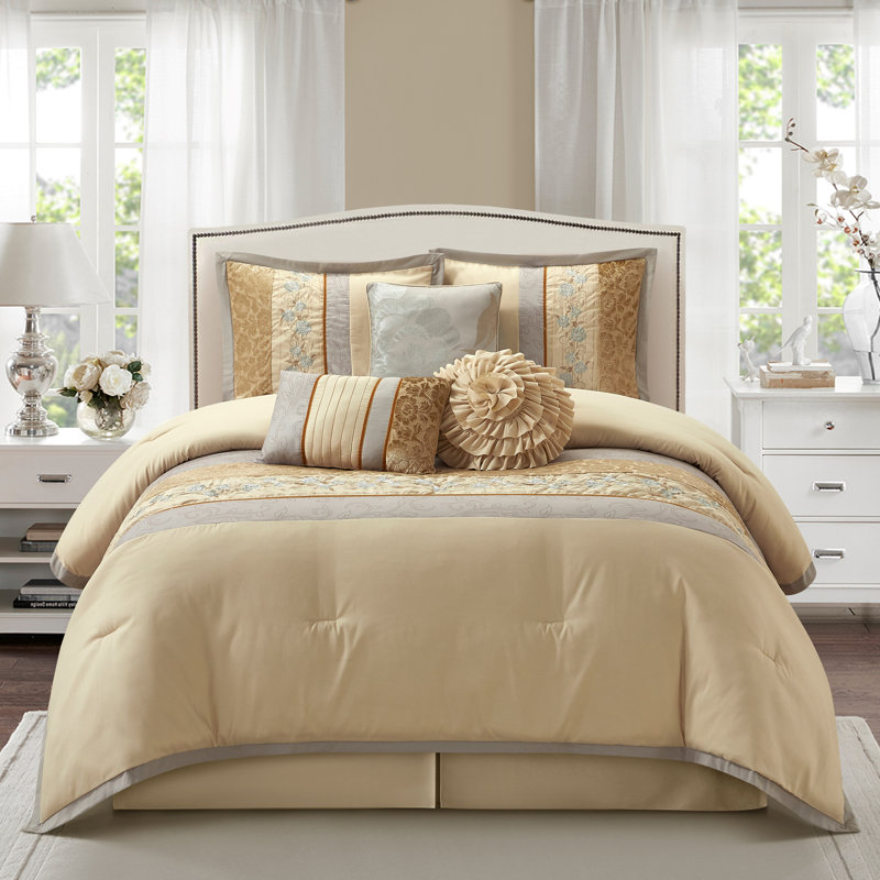 Riley 7 Piece Glam Comforter Set, Queen, Sand