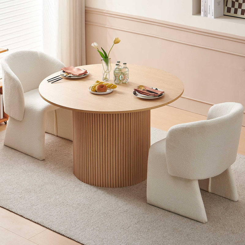 3-Piece Dining Table Set, Wood Top, Faux Fur Armchairs, Oak, Oak, White