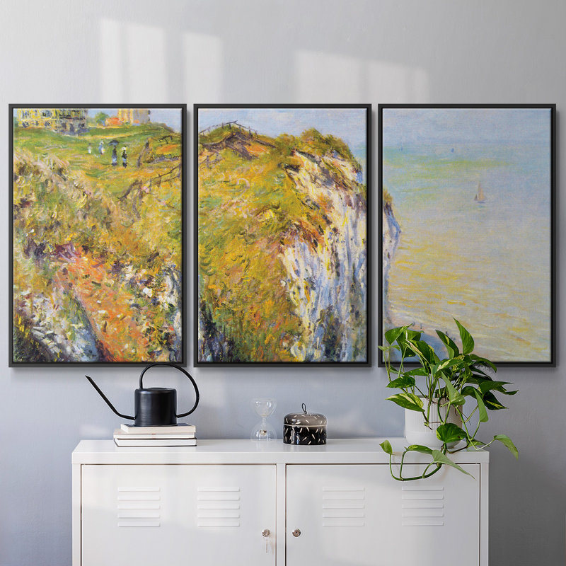 Falaises par Monet - Toile encadrée multi-pièces, H 40 po x l 78 po, Cadre noir