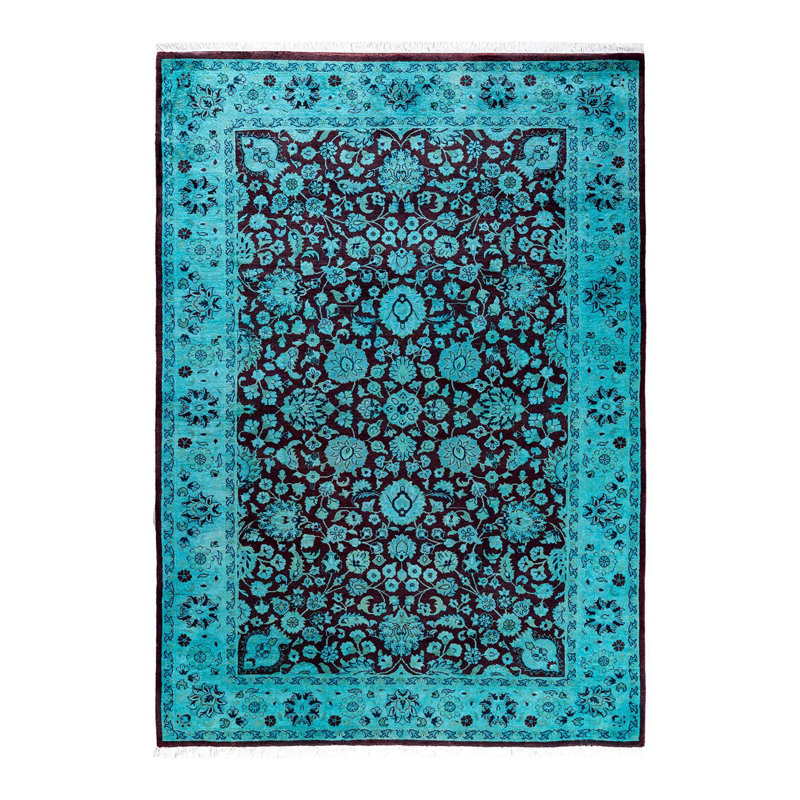 Tapis unique noué à la main Fine Vibrance - bleu, 4 pi 2 po x 6 pi 3 po