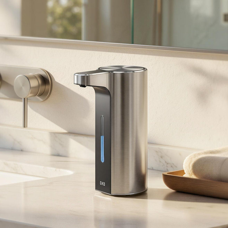 Distributeur de savon liquide automatique sans contact 13,5 oz liq. EKO Aroma Pro, distributeur de savon à mains et à vaisselle rechargeable pour la salle de bain et la cuisine, contrôle de volume réglable et imperméable (acier inoxydable)