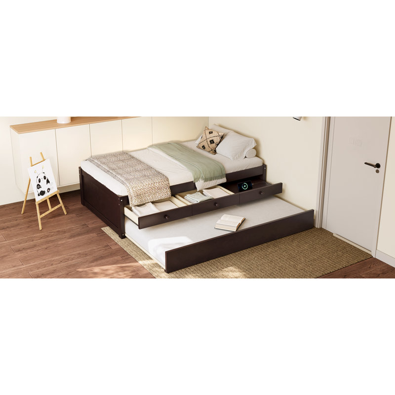 Lit plateforme simple avec lit gigogne et 2 tiroirs, lits en bois massif avec multiprise, Twin, Espresso