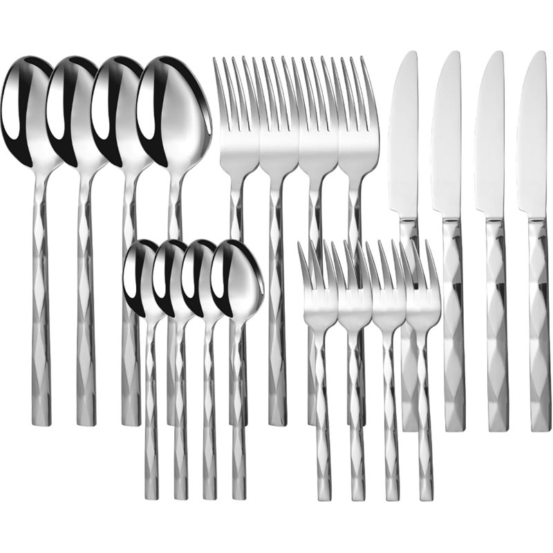 Ensemble de couverts de luxe 20 pièces en acier inoxydable pour 4, 18/10 couverts polis miroir avec motif à losanges, lavable au lave-vaisselle pour la maison, le mariage et la fête