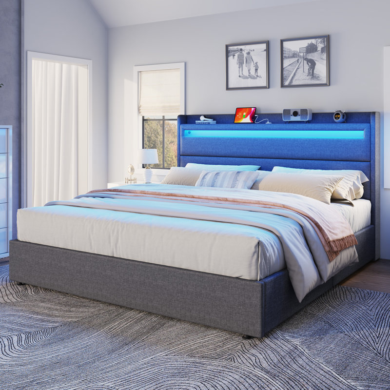 Berneil Upholstered Bed Frame with RGBW LED Lights Headboard & 4 Storage Drawers, King, Dark Gray