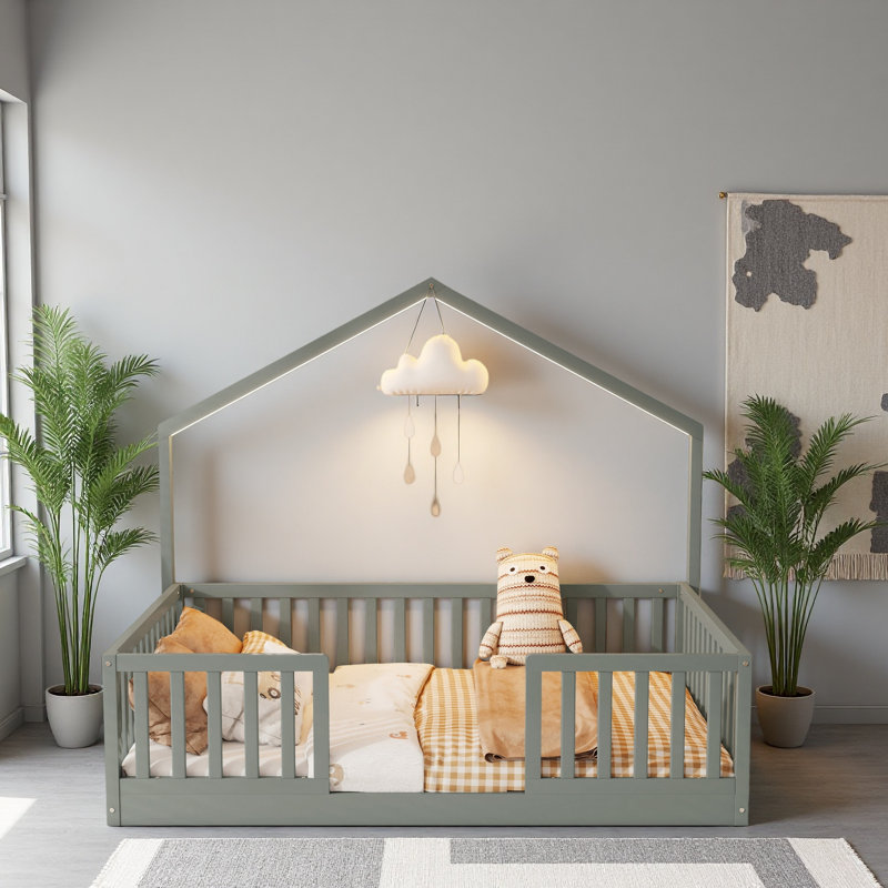 Lit sur pied avec rails hauts, Gris, Lit double