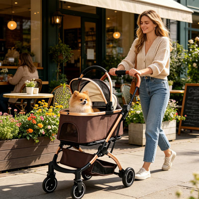 Pet Stroller for Dogs and Cats, 2-in-1 Detachable Foldable 4 Wheels Pet Stroller, Quick One-Hand Fold, Storage Basket, Detachable Carry Basket with Sun Canopy(Khaki++Gold)