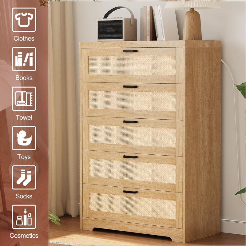 5 Drawers Modern Rattan Tall Chest Of Drawers, Natural