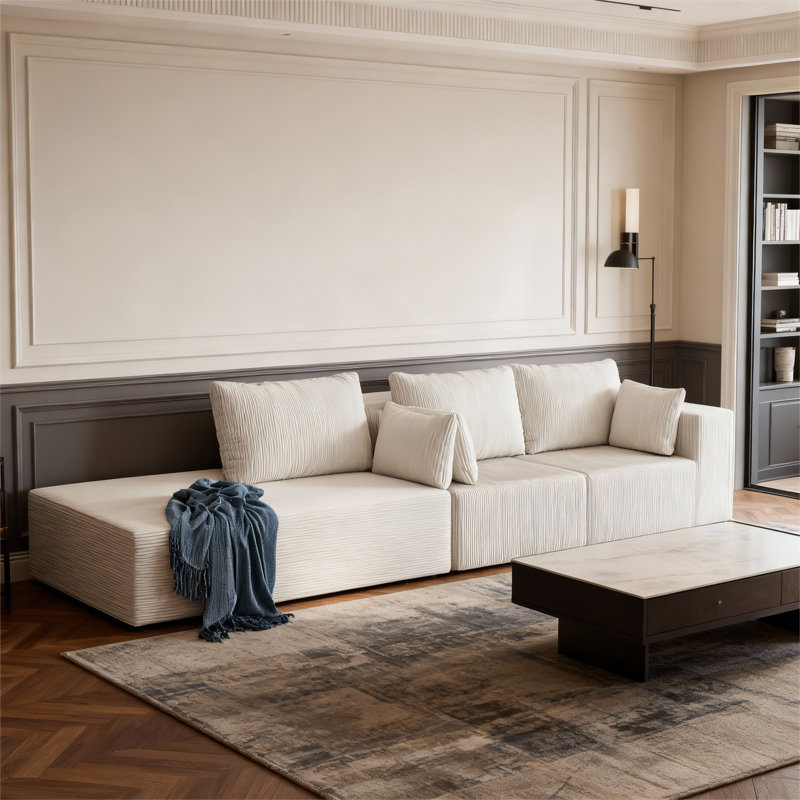 108" Boneless Sofa Couch 3-Piece Sectional with  Water-Resistant Cover, Beige, Beige