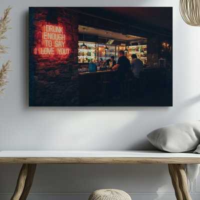 Canvas A Dimly Lit Bar Scene Features A Rustic Stone Wall Wall Art Adorned With A Vibrant Red Neon Sign That Reads Drunk Creating Cozy Canvas Wall Art