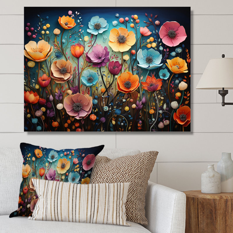 Fleurs colorées fantaisistes - Art mural fleurs sauvages, H 34 po x l 44 po x P 1,5 po, Toile tendue