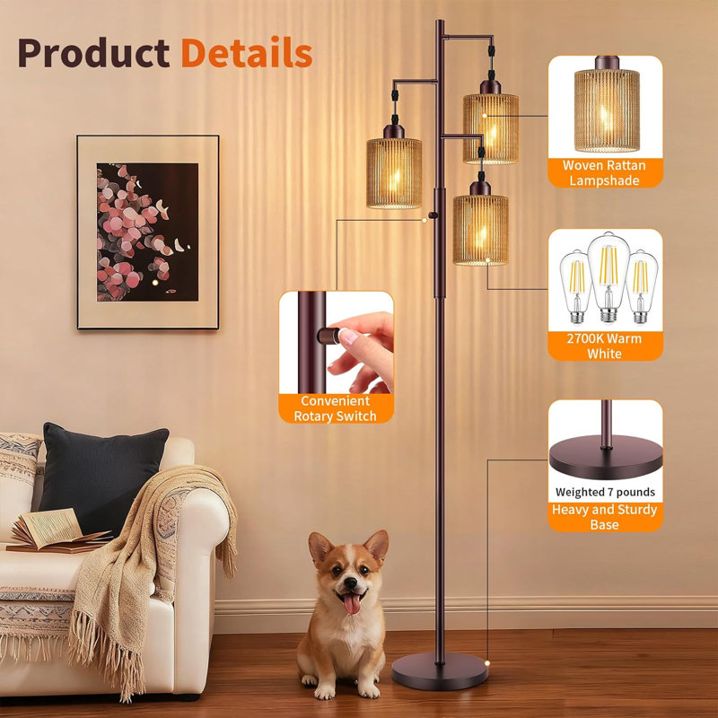 Lampe sur pied 72 po en rotin Boho, lampe sur pied haute à intensité variable avec abat-jour bruns fabriqués à la main, lampes sur pied à branches industrielles