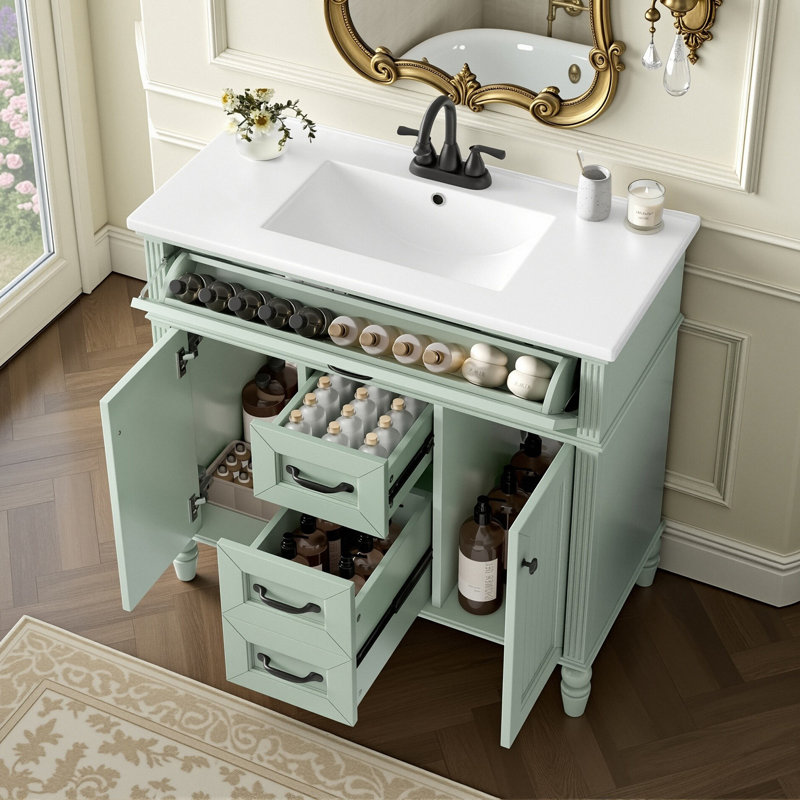 Ensemble de meuble-lavabo simple sur pied 36 po avec lavabo en céramique, armoire avec portes à fermeture en douceur, plateau basculant et 2 tiroirs