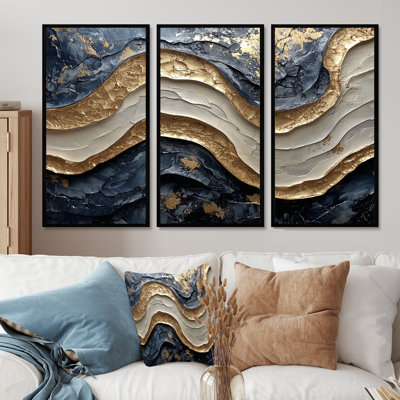 Golden Eclipse On Marble Dancing Waves III - Abstract Realism Set Of 3 Wall Art