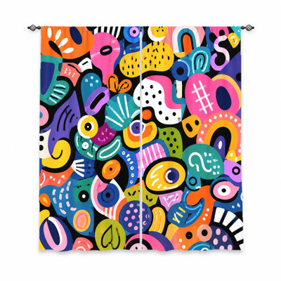 2 pièces de rideaux Doodles abstraits, tissu filtrant la lumière, imprimé de formes vibrantes et ludiques, protection d'intimité pare-soleil, conception à passe-tringle, convient au salon, à la chambre à coucher, au balcon et à la cuisine