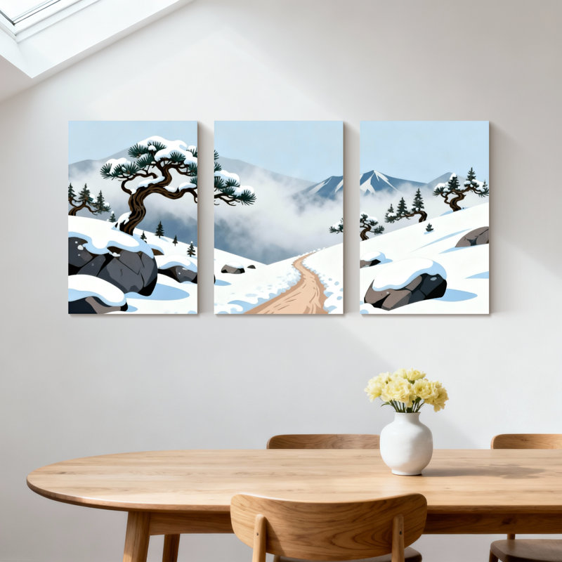 Forêt d'hiver, paysage de montagne enneigée avec sentier de pin, ensemble de 3 impressions sur toile, H 18 po x l 36 po