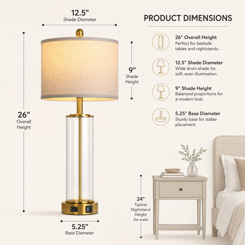 26” Modern Glass Bedside Table Lamps with Dual USB Ports, Touch Control, and Bulbs, Beige, Gold/Clear