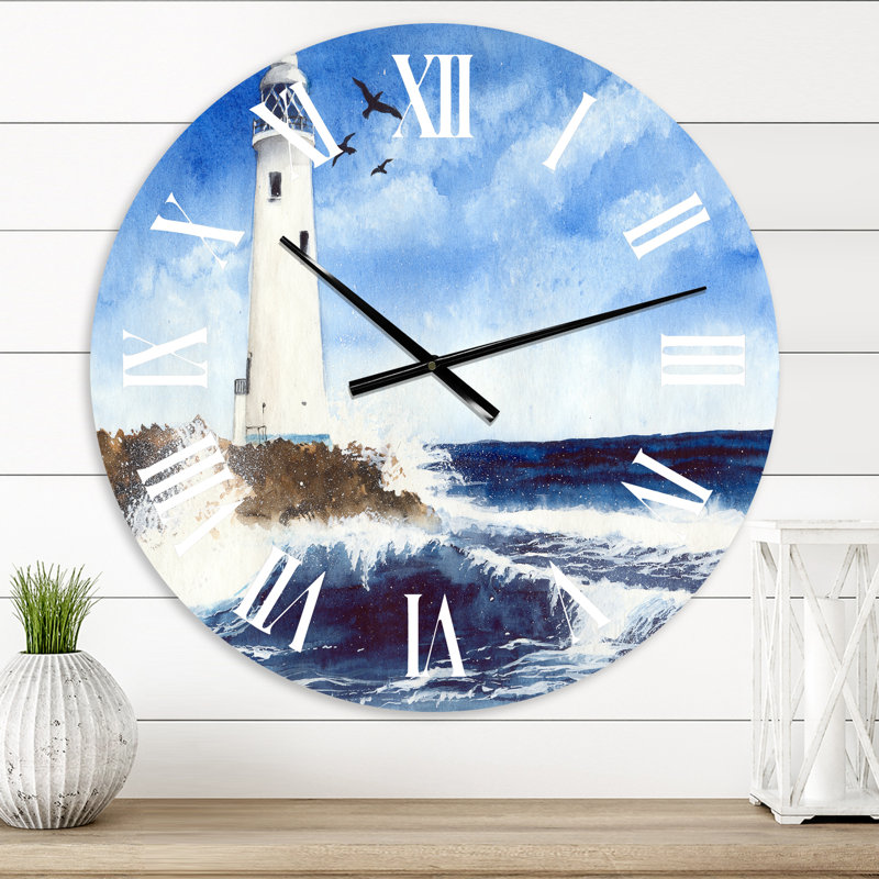 Phare sur une île rocheuse avec des mouettes - horloge murale nautique et côtière, Très petit