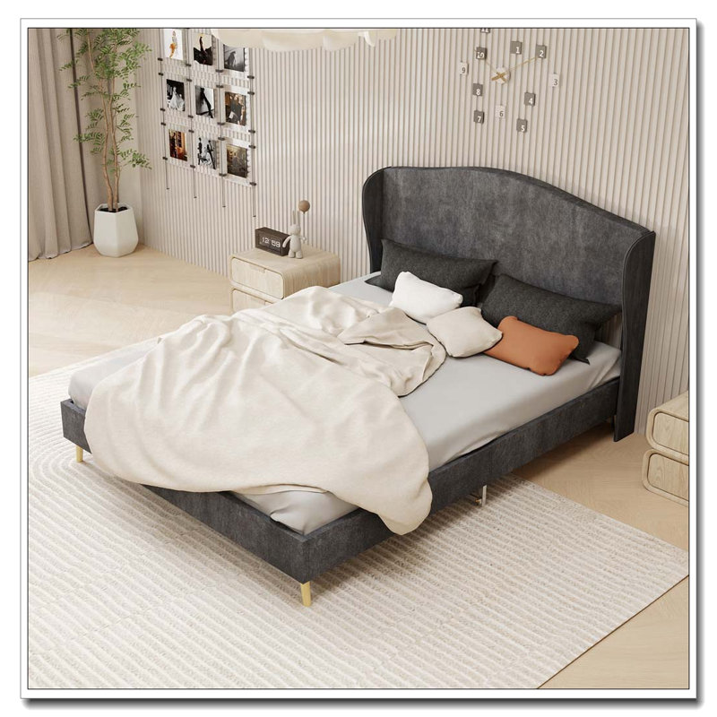 Lit tapissier en velours, Gris, Grand lit