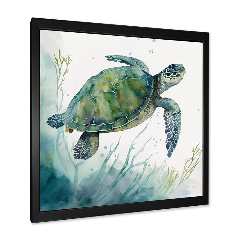 Tortue aquarelle nageant II - reproduction sur toile, H 30 po x l 30 po x P 1 po, Impression noire sur toile encadrée