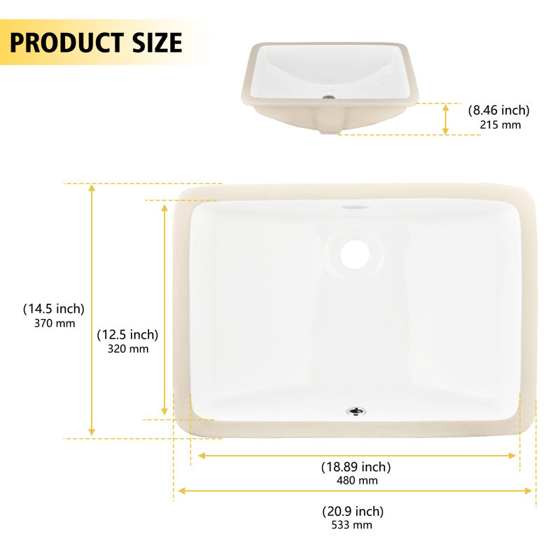 RENIST White Ceramic Rectangular Bathroom Sink with Overflow