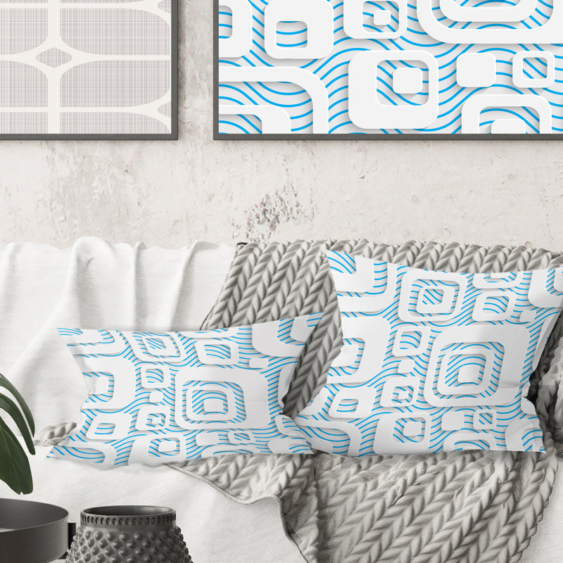 Coussin 3D imprimé blanc et bleu 3D - Mid-Century, 18 po x 18 po